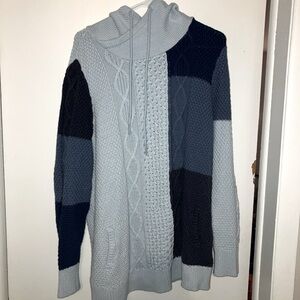 LL Bean Signature Womens Blue Colorblock Funnel Neck Cable Knit Sweater Sz Xl